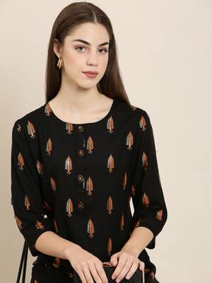 women's calf length round neck black floral straight kurta 1