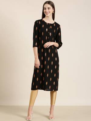 women's calf length round neck black floral straight kurta 2