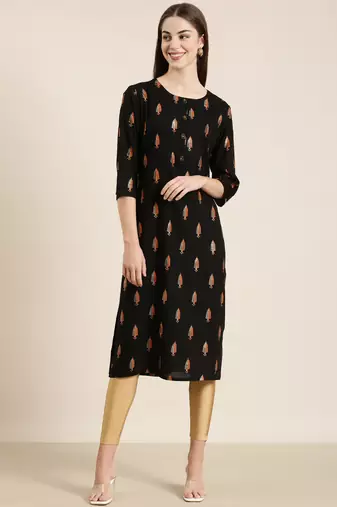 women's calf length round neck black floral straight kurta