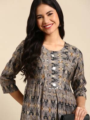 women's calf length round neck grey ethnic motifs anarkali kurta 2