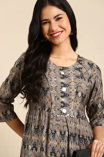 women's calf length round neck grey ethnic motifs anarkali kurta