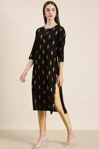 women's calf length round neck black floral straight kurta