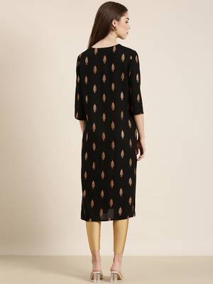 women's calf length round neck black floral straight kurta 5