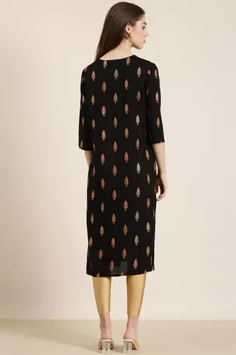 women's calf length round neck black floral straight kurta