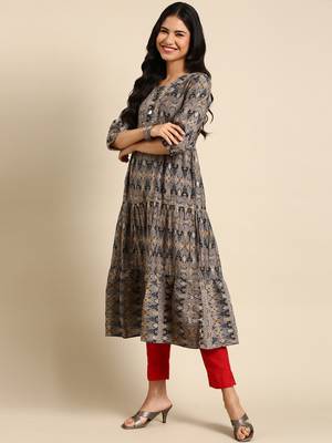 women's calf length round neck grey ethnic motifs anarkali kurta 4
