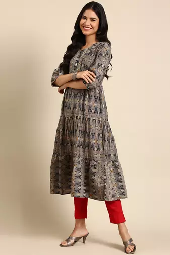 women's calf length round neck grey ethnic motifs anarkali kurta