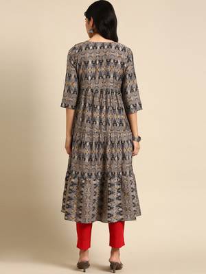 women's calf length round neck grey ethnic motifs anarkali kurta 5