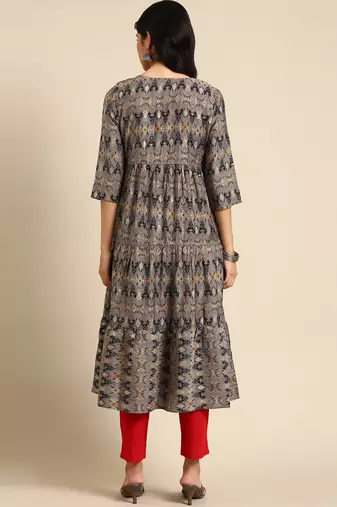 women's calf length round neck grey ethnic motifs anarkali kurta