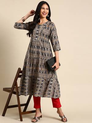 women's calf length round neck grey ethnic motifs anarkali kurta 1