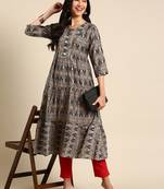 women's calf length round neck grey ethnic motifs anarkali kurta