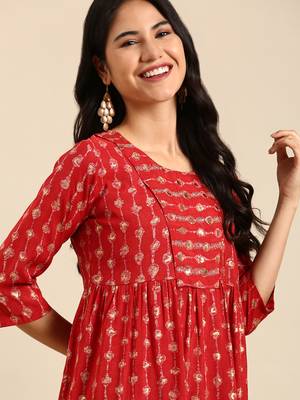 women's calf length round neck red abstract anarkali kurta 2
