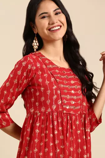 women's calf length round neck red abstract anarkali kurta