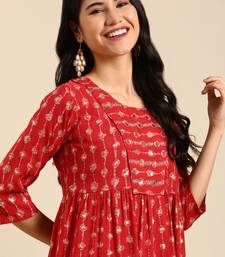 women's calf length round neck red abstract anarkali kurta