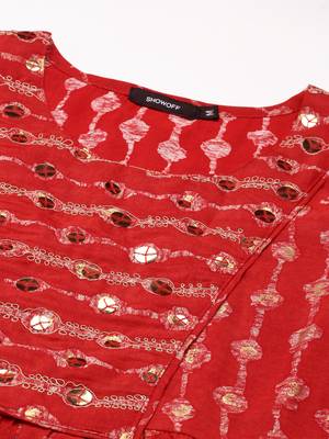women's calf length round neck red abstract anarkali kurta 3