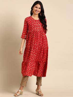 women's calf length round neck red abstract anarkali kurta 4