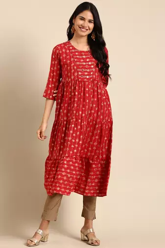 women's calf length round neck red abstract anarkali kurta