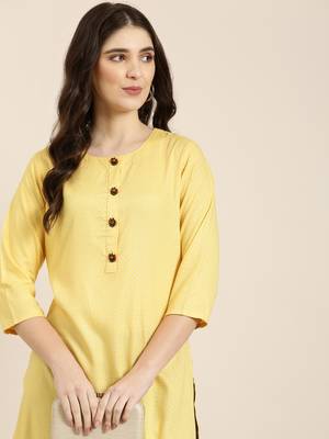 women's knee length round neck yellow floral straight kurta 1