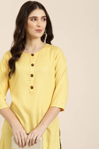 women's knee length round neck yellow floral straight kurta