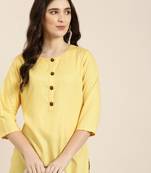 women's knee length round neck yellow floral straight kurta