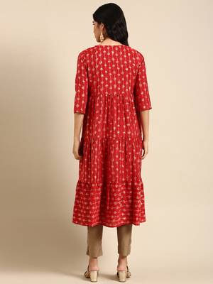 women's calf length round neck red abstract anarkali kurta 5