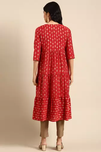 women's calf length round neck red abstract anarkali kurta