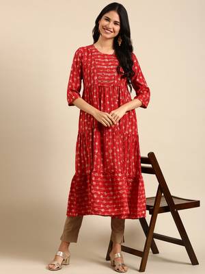 women's calf length round neck red abstract anarkali kurta 1