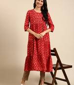 women's calf length round neck red abstract anarkali kurta