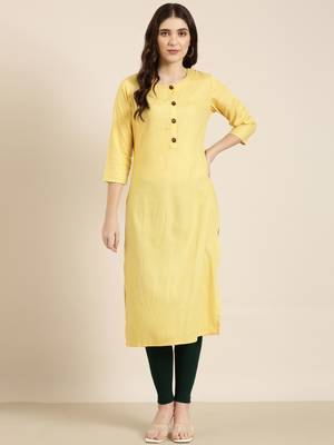 women's knee length round neck yellow floral straight kurta 2