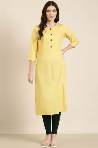 women's knee length round neck yellow floral straight kurta