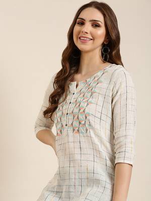 women's calf length round neck cream checked straight kurta 1