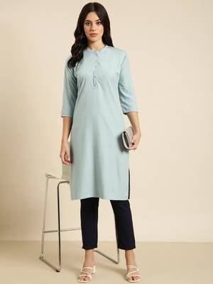 women's calf length mandarin collar blue solid straight kurta 1