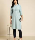 women's calf length mandarin collar blue solid straight kurta