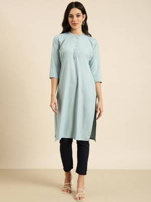 women's calf length mandarin collar blue solid straight kurta 2