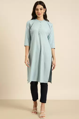 women's calf length mandarin collar blue solid straight kurta