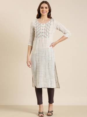 women's calf length round neck cream checked straight kurta 2