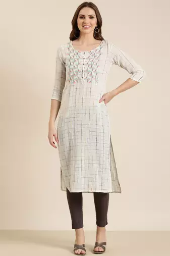 women's calf length round neck cream checked straight kurta