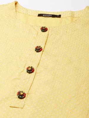 women's knee length round neck yellow floral straight kurta 3