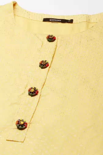women's knee length round neck yellow floral straight kurta