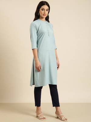 women's calf length mandarin collar blue solid straight kurta 3