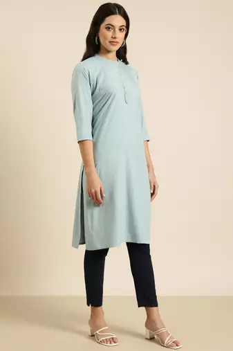 women's calf length mandarin collar blue solid straight kurta