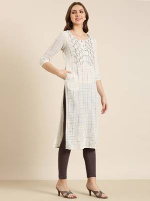women's calf length round neck cream checked straight kurta 3