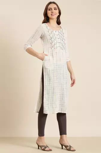 women's calf length round neck cream checked straight kurta