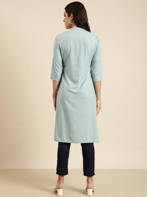women's calf length mandarin collar blue solid straight kurta 4