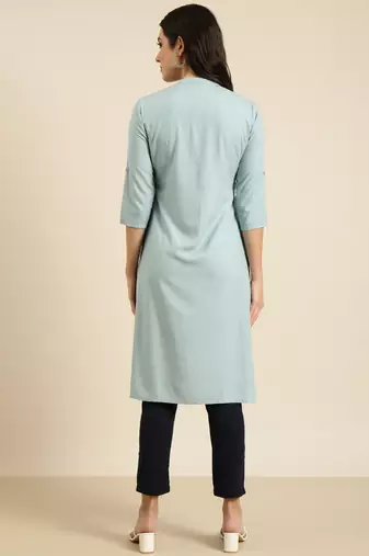 women's calf length mandarin collar blue solid straight kurta