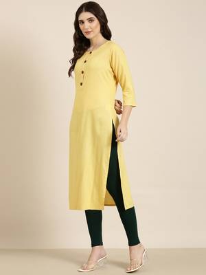 women's knee length round neck yellow floral straight kurta 4