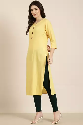 women's knee length round neck yellow floral straight kurta