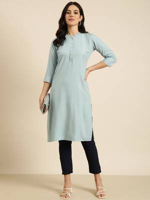women's calf length mandarin collar blue solid straight kurta 5