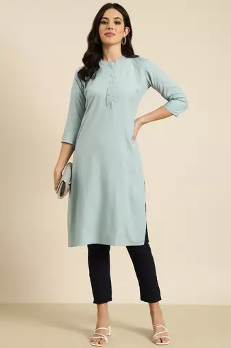 women's calf length mandarin collar blue solid straight kurta