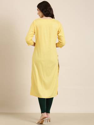 women's knee length round neck yellow floral straight kurta 5
