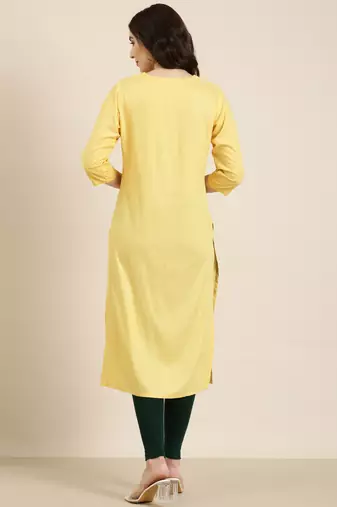 women's knee length round neck yellow floral straight kurta